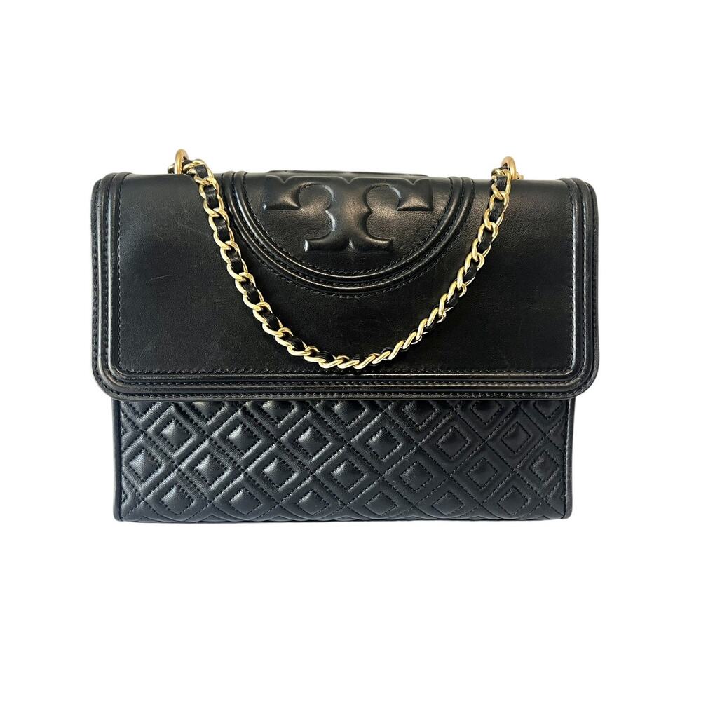 Tory Burch Fleming Black Leather Quilted Convertible Shoulder Crossbody Flap Bag